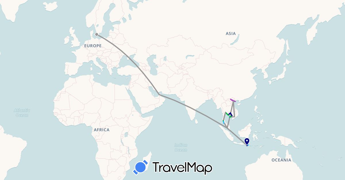TravelMap itinerary: driving, bus, plane, train, boat in United Arab Emirates, Denmark, Indonesia, Cambodia, Malaysia, Thailand, Vietnam (Asia, Europe)